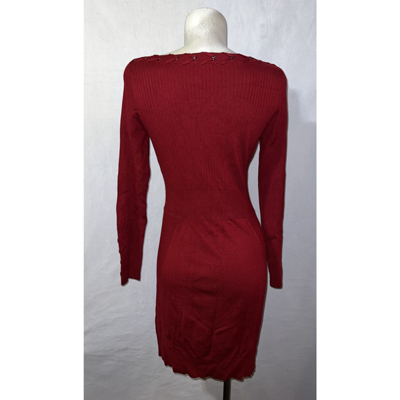 CACHE Women's Size M Burnt Red Knit Bodycon Midi Sweater Dress w/Lacing Trim - Picture 5 of 7